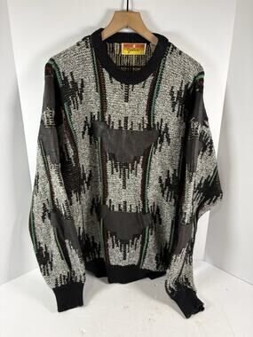 Vintage Juice Leather Trim Southwestern Aztec Knit Sweater Large Made Taiwan